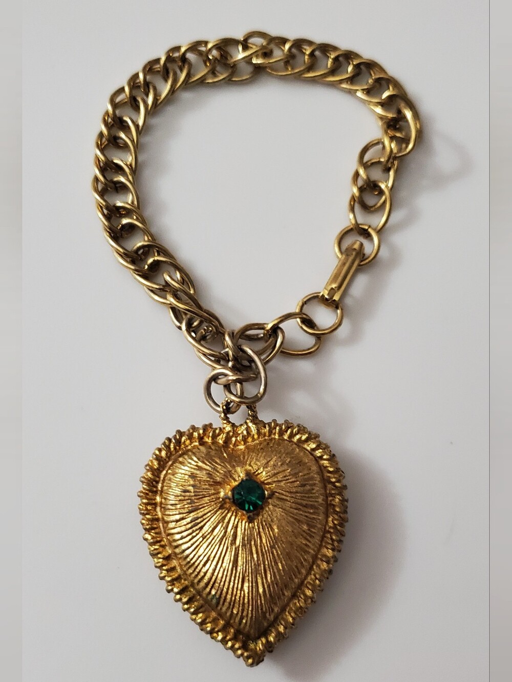 Vintage Estate Perfume Heart Locket Gold Tone Green Rhinestone 60's Bracelet